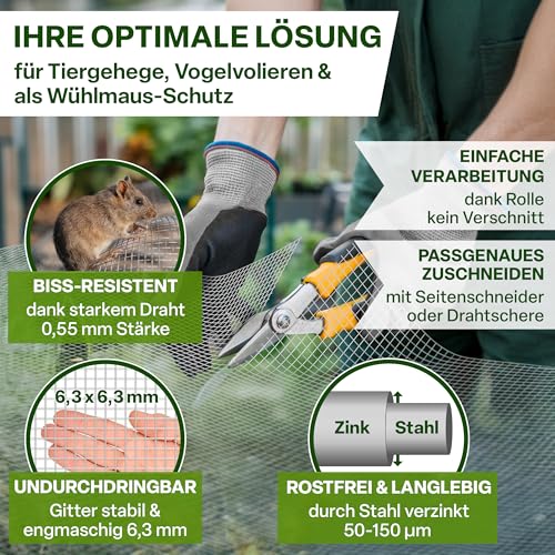 TTL GARDEN 50cm x 5m Drahtgitter feinmaschig rostfrei verzinkt 6,3mm Masche 0,55 mm Draht Stärke - auf Rolle Maschendraht Volierendraht Hasendraht Wühlmausgitter 5m x 0,5m breit 6,3 mm Maschenweite