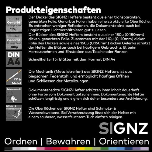 SIGNZ Schnellhefter DIN A4, stabil, 11 Stück, 11 Farben, transparenter Deckel, CO2-neutral hergestellt, aus recycelbarem Kunststoff (PP), FSC Mix 70%, made in Germany