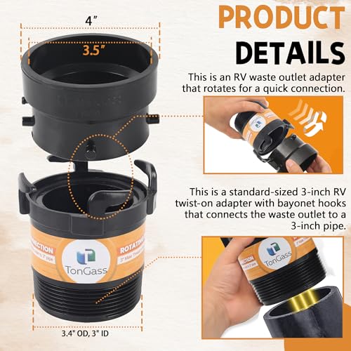 TonGass (2+2 Combo Pack) Rotating Rigid Sewer Pipe Bayonet Adapter with 3\" Male Thread and Bayonet Hooks, Termination Adapter with 3\" Bayonet and 3\" Hub, RV Sewer Hose Fittings Adapter - Black