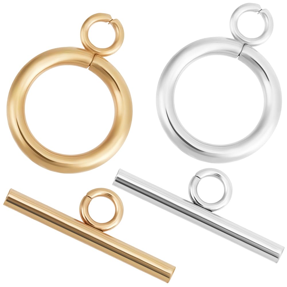 Beebeecraft 26 Sets 2 Colors Toggle Clasps 18K Gold & 925 Sterling Silver Plated 304 Stainless Steel T Bar Ring Closure Connector for Jewelry Making Bracelet Necklace