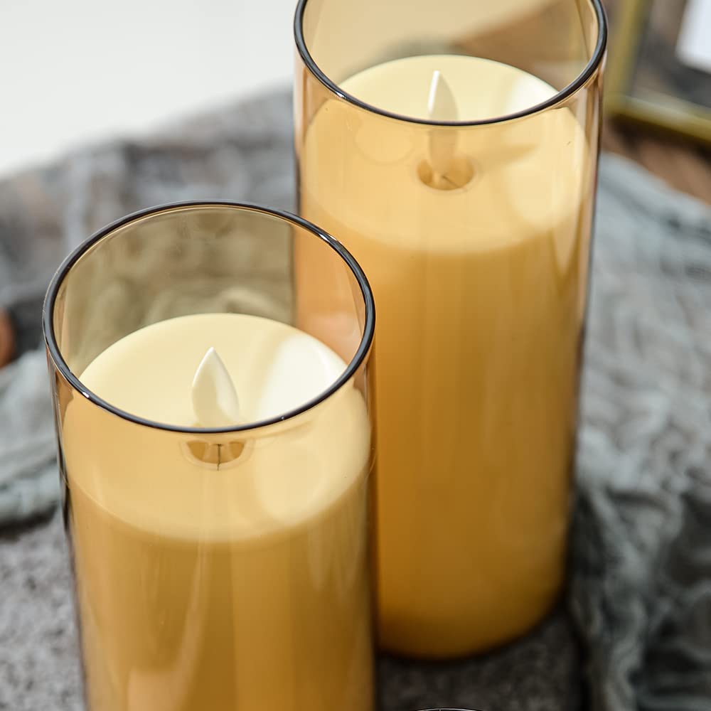 FYCAN Moving Flameless LED Glass Pillar Candle 3xAAA Battery Powered Flickering Effect Real Wax with Faux Wick Moving Flame Single Steady Candle Light, Remote Controller 1