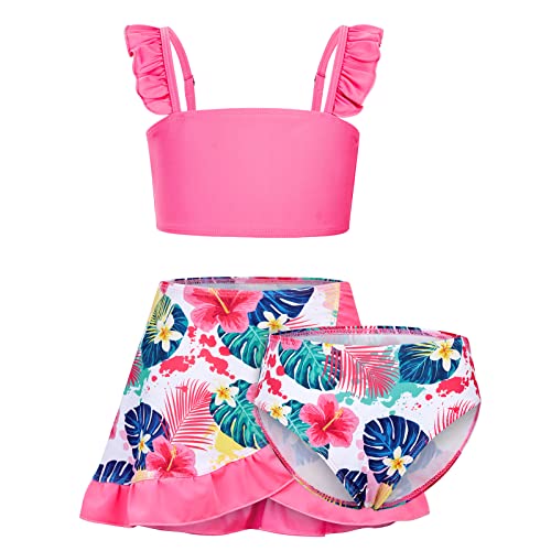 Alisister Big Girls Swimsuit Size 10-12 Bathing Suits 3 Piece Hawaiian Tropical Boho Floral Leaf Bikini Tankini Sets With Cover Up Skirt Summer Beach Swimwear 11 Year Old Dark Pink #TOP6