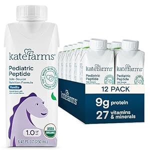 KATE FARMS Organic Pediatric Peptide 1.0 Formula, Vanilla, Sole-Source Hydrolyzed Plant-Based Nutrition for Oral or Tube Feeding, 8.45 oz (12 pack)