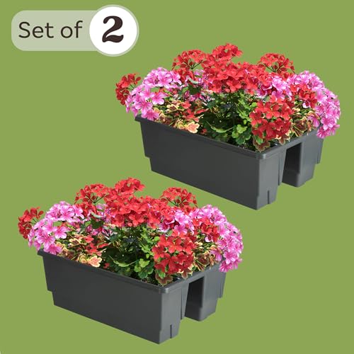 Railing Planter Box 2-Pack - 20.75-Inch Flower Boxes with Removable Drainage Inserts - 6-Gallon Outdoor Planters for Porch, Deck, or Balcony Decor, Fits Rail 3” - 4” by Pure Garden (Gray) by Pure Garden - Image 3