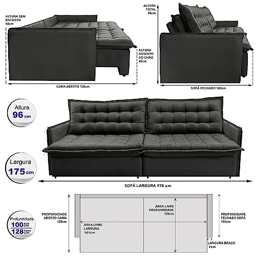 Sofá Sem Caixa Retrátil e Reclinável 1,75m Cama Inbox Versátil Suede Velusoft Cinza