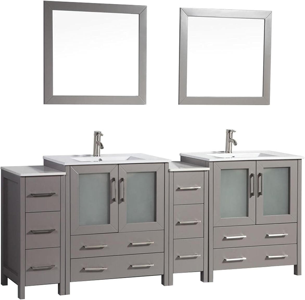 Vanity Art 84 Inch Under Mount Double Sink Bathroom Vanity Cabinet with 2 Mirrors, Ceramic Top Bathroom Cabinet Compact Set with 10 Dovetail Storage Drawers and Brushed Nickel Handles, VA3030-84-G