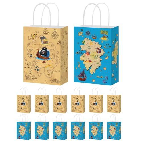 Lot de 12 sacs cadeaux - 21 x 15 x 8 cm - En papier kraft - Avec poignée - Pour fête sur le thème des pirates - Pour fête d'anniversaire - 2 styles