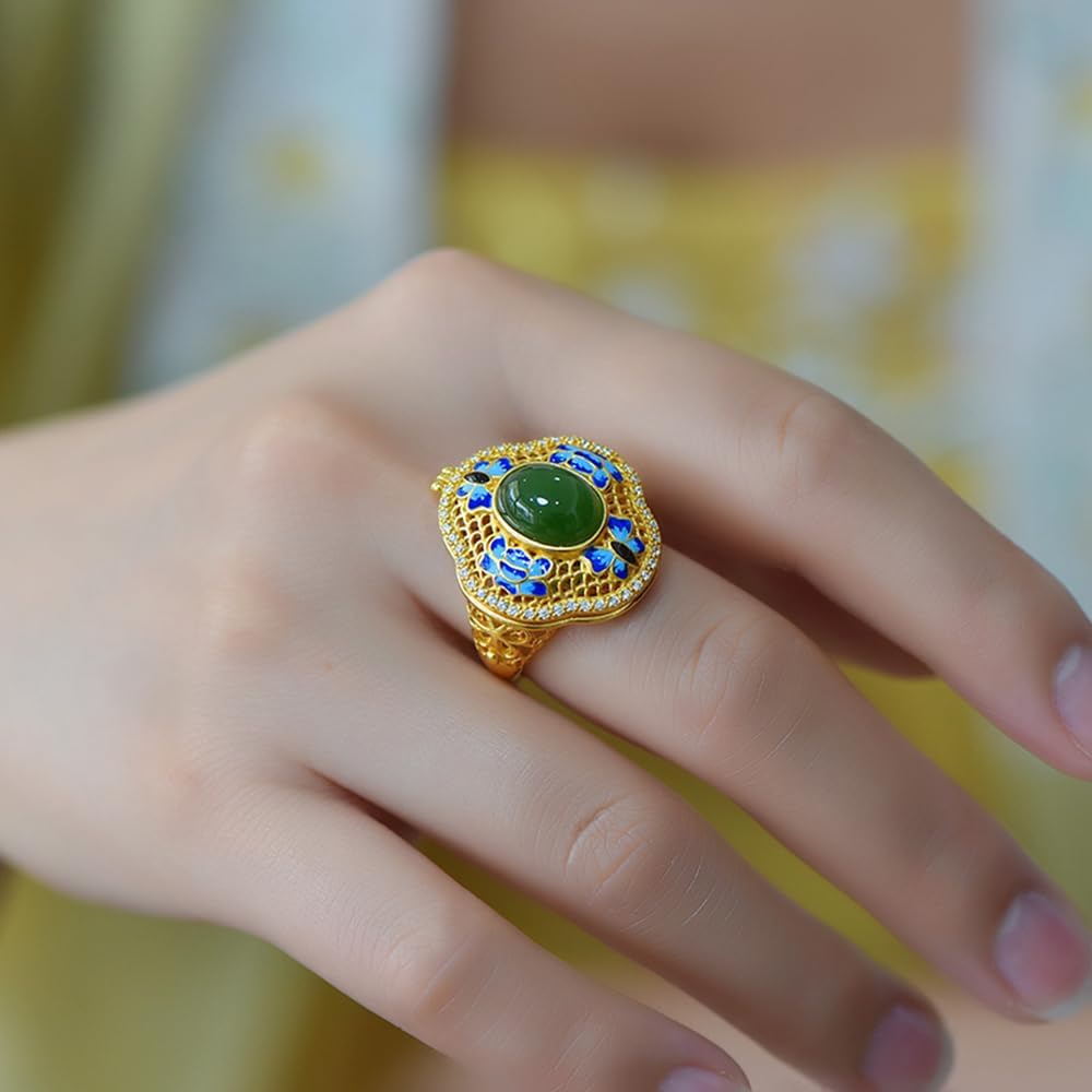 S925 Silver Gold-Plated with Natural Hotan Jasper Egg Side Incense Sachet Ring (Adjustable Opening) for Women Yoga Genuine