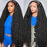EGK Deep Wave Lace Front Wigs Human Hair 220% Density 13x6 HD Curly Human Hair Wig 26 Inch Curly Human Hair Pre Plucked Deep Wave Frontal Wig With Baby Hair Natural Black True to Length