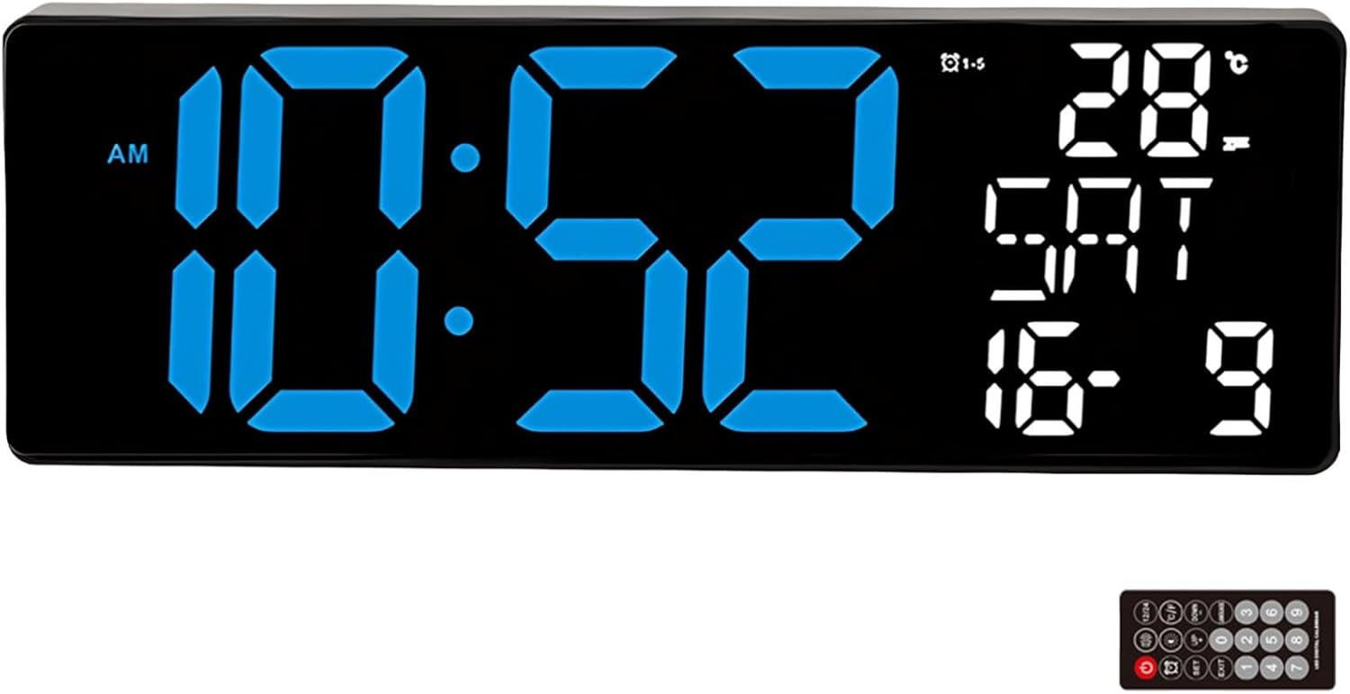 13 in Digital Wall Clock with Remote Control, Large Display Multi-Functional Clock, Displays Time, Date, and Temperature in 6 Languages