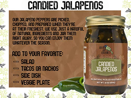 Green Jay Gourmet Pickled Candied Jalapeños in a Jar - Fresh Hand Jarred Vegetables for Cooking & Pantry – Pre-Prepared Pickled Candied Jalapeños – Simple Natural Ingredients - 2 x 16 Ounces