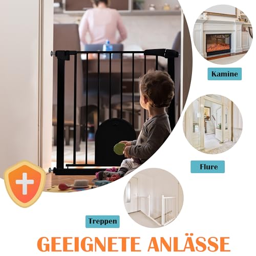Aufun Treppenschutzgitter Türschutzgitter Kinder ohne Bohren, für 75-85 cm breit, Türgitter mit Druckbefestigung, selbstschließend, Metall Gitter, Hundesicherheitsgitter mit Katzenklappe (Schwarz)