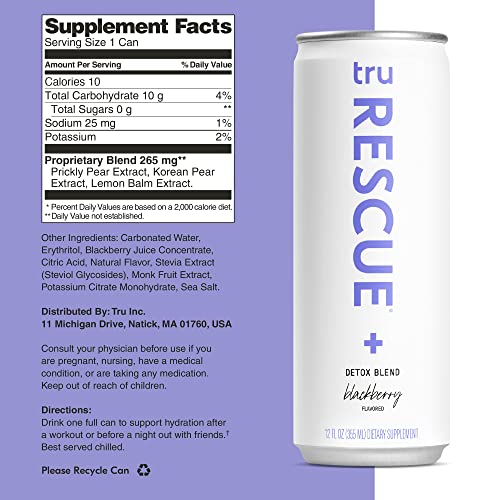Tru Rescue Sparkling Water, Recovery Detox Drinks With Electrolytes For Liquid Hydration, Blackberry Flavored, 12 Oz (Pack Of 12) #TOP2