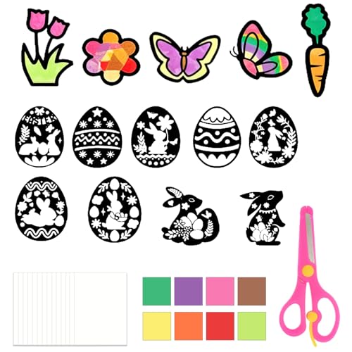 Scinzene 17 Stück Fensterbilder Frühling, Oster Bastelset Kinder, Bastelset Ostern DIY Fensterdeko mit Transparentpapier, Hase Ei Schmetterling Malset für Jungen Mädchen, Frühjahr Bastelmaterial