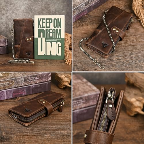Image of Genuine Crazy Horse Leather Travel Gift Coin Pocket Card Case Long Organizer Chain Rfid Wallet Purse With Snap For Men Male 1803 (1803 dark coffee)