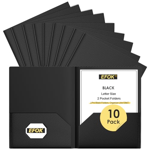10 Pack Heavy Duty Black Plastic Folders with 2 Pockets, Textured Light Luxury File Folders with Business Card Slot, Letter Size Filing Supplies for Back to School & Office Organization