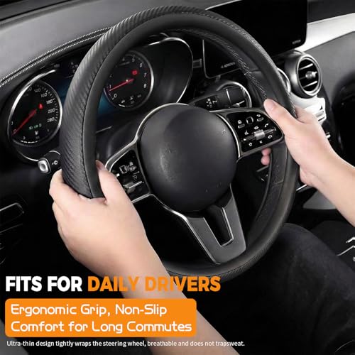 14.5-15" Nappa Leather & Carbon Fiber Steering Wheel Cover - Ultra-Thin Bare-Hand Feel, Sweat-Proof Sport Grip - Instant Supercar Interior Upgrade for Sedan/SUV by HEHKJDNBY - Used condition - Image 2