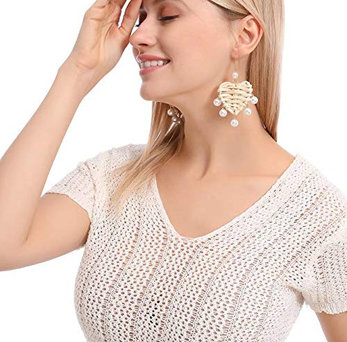 Handmade Love Heart Straw Wicker Braid Clip On Earrings For Women Girls Simulated Pearl Dangle Drop Non Pierced Ears Painless Design Fashion Gifts For Her Birthday Christmas Valentines Day Gift #TOP1