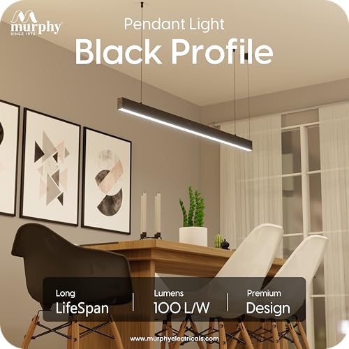 Image of Murphy Black 4ft LED Hanging Profile Pendant Light, 45W Natural White, 2-Year Warranty, Aluminium Body, Adjustable Wire - Linear Ceiling Light for Office, Home & Commercial - Pack of 1