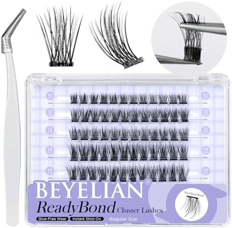 BEYELIAN Self Adhesive Lash Clusters Eyelashes, D+ Curl Press-On No Glue Needed DIY Lash Extension, Pre Glued Cluster Lashes Reusable No Sticky Residue Self Application at Home 10-16mm 78 Pcs (R06)