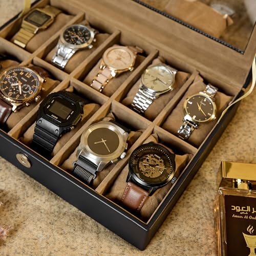 Image of Leather World Faux Leather Watch Box Organizer For Men & Women - Wrist Watch Box Holder 10 Slots - Removable Pillows Display Case - Gift for Loved Ones - Black