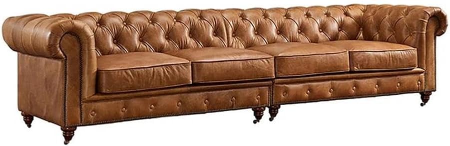 Pemberly Row Top Grain Leather Fully Assembled Chesterfield 118" Leather Sofa in Light Chestnut, Extra-Large Living Room Seating, Upholstered Leather Sofa for Residential or Commercial Use