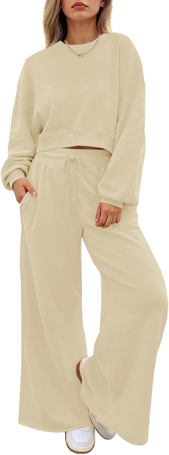 Fisoew Womens 2 Piece Outfits Casual Batwing Long Sleeve Sweatshirt Wide Leg Pants Loose Lounge Sets Fall Tracksuit