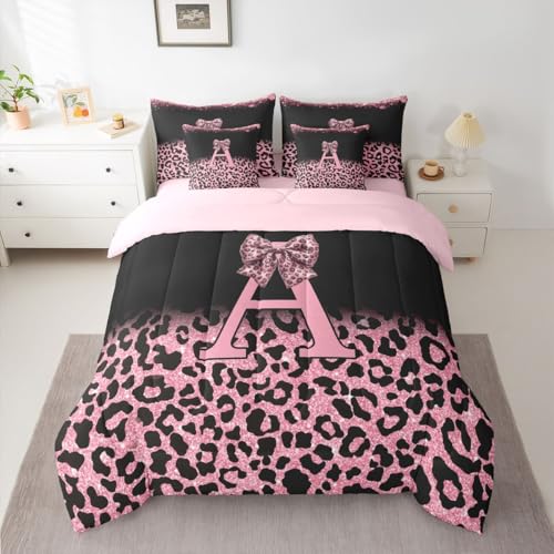 Image of Feelyou Bow Initial Letter A King Comforter Set with Sheets for Kids Boys Girls Glitter Leopard Print 7 Pieces Bedding Set Girly Bow Bed in a Bag Room Decor Soft Lightweight Microfiber