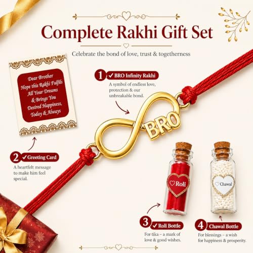Image of Gold Plated Designer Rakhi Bracelet for Brother | Infinity, Heart, Evil Eye & BRO Designs | Raksha Bandhan Rakhi with Roli Chawal & Greeting Card