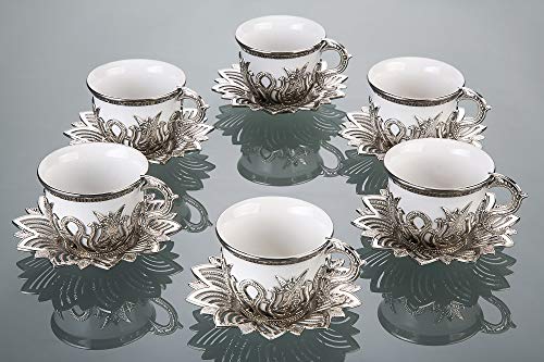LaModaHome Espresso Coffee Cups with Saucers Set of 6, Porcelain Turkish Arabic Greek Coffee Cup and Saucer, Coffee Cup for Women, Men, Adults, Guests, New Home Wedding Gifts - Silver/White Color