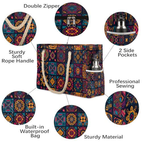 Vintage Mexican Talavera Floral Beach Bag for Women Ladies Large Beach Pool Tote Bag Sandproof Beach Tote with Zipper Gym Tote Carry On Bag Reusable Grocery Shopping Bag for Weekender Travel Daily3