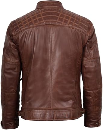 Blingsoul Quilted Leather Jacket Men - Motorcycle Style Cafe Racer Lambskin Jacket for Mens
