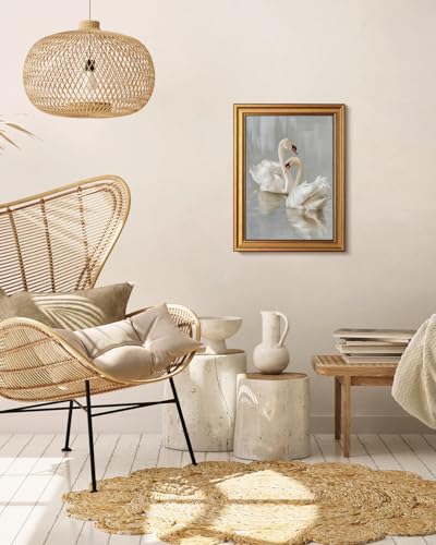 Image of HUARCEY Gold Framed Vintage Wall Art for Living Room, Animals Painting Prints Shelf Decor for Kitchen, Aesthetic Bedroom Wall Art, Best Gifts for Friends or Family - Two Swans 16L x 12W