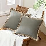 Phantoscope Pack of 2 Farmhouse Decorative Solid Throw Decorative Pillow Cover Burlap Linen Trimmed Tailored Edges Pillowcase, Grey, 18 x 18 inches, 45 x 45 cm