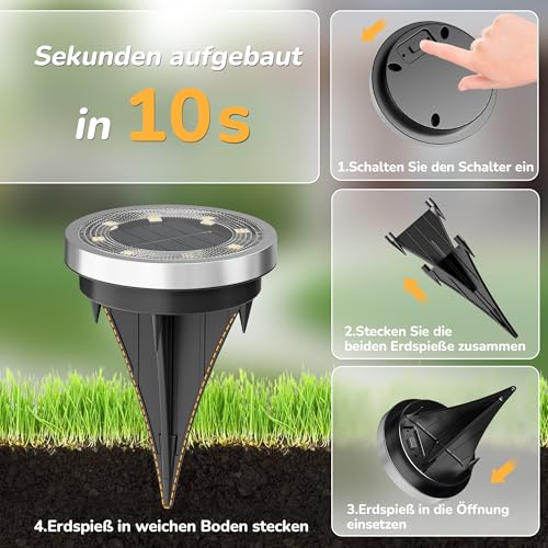 FLOWood 10 Stück Solar Bodenleuchten Aussen, Warmweiß Solarleuchten für Garten Außen mit 8 LEDs, Wasserdicht Led Solar Gartenleuchten, Solarlampen für Außen Garten Rasen Gehweg Patio Warmweiss