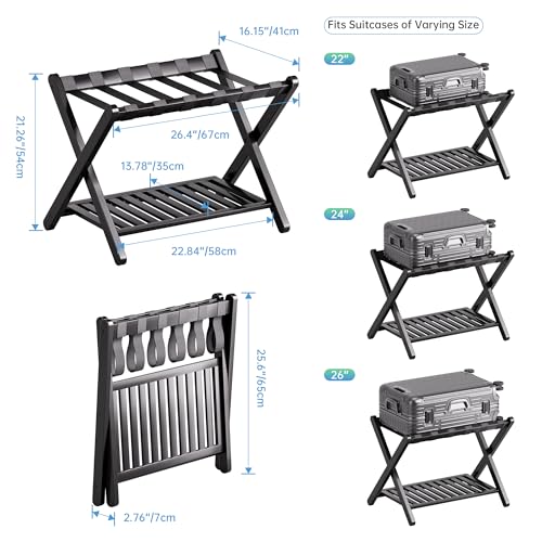 SMIBUY Luggage Rack, Set of 2, Foldable Bamboo Suitcase Stand with Storage Shelf for Guest Room, Bedroom, Hotel, Heavy-Duty (Black) - Thumbnail 3