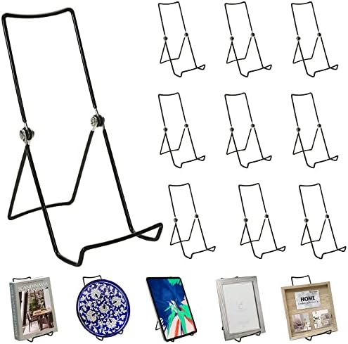 Carmona 10-Pack Multi-Purpose Wire Easel Display Stand for Book Holder, Plate & Picture Frame Stand - 3.8"x8.5" Black Metal Adjustable Stand for Library Display, Decorative Plate, Vinyl Records & More