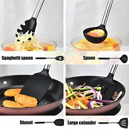 NTVKID Silicone Kitchen Utensil Set-15-Piece Stainless Steel Cooking Tool Kit with Holder, Spatula, Ladle, Pasta Server, Tongs, Whisk & More, Non-stick Heat Resistant, BPA Free, Dishwasher Safe, Black