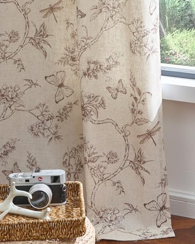 jinchan Floral Linen Curtains for Living Room - 63 Inch Length Butterfly Taupe Floral Curtains - French Country Farmhouse Flower Patterned Drapes - Back Tab Rod Pocket Set - 2 Panels