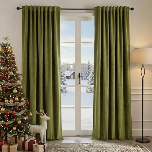 Nemia Moss Green Velvet Curtains Thermal Insulated Blackout Curtain for Bedroom Window Living Room Darkening Luxury Vintage 80 Inches Long Heavy Drapes Panels Back Tab Set of 2