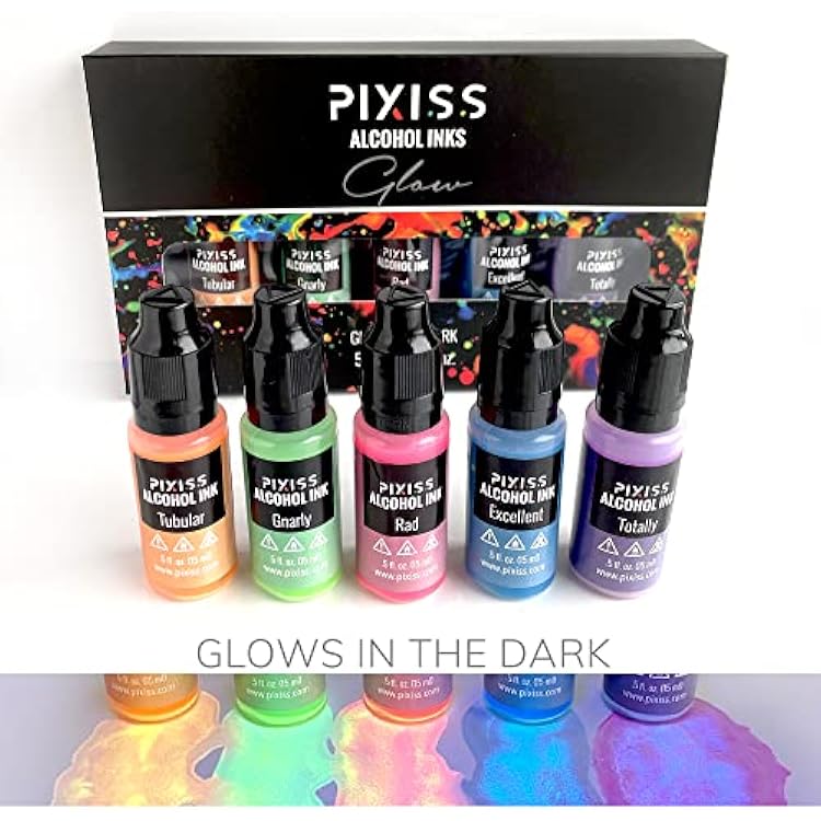 Pixiss Glow in the Dark Alcohol Ink Set - 5 Shades of Brilliantly Glowing Alcohol Ink for Epoxy Resin Supplies, Yupo Paper, Tumblers, Coasters - Resin Colorant for Epoxy Resin and Resin Art Supplies
