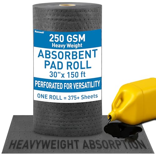 Image of Raxwell Universal Absorbent Roll - 30 inch x 150 ft Heavyweight Spill Absorbent Pads, 250 GSM, Perforated Polypropylene Roll for Oil, Water, Coolants & Chemical Spill Control