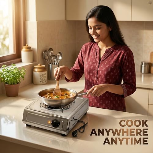 Image of Drumstone 2000W Stainless Steel Electric G Coil Cooktop | Radiant Hot Plate with Rotary Temperature Control | Heavy Duty Single Burner Stove, Chrome Finish, Compatible with All Metal Cookware