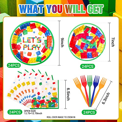 Scione 96 Pcs Block Party Decorations Supplies, Block Theme Birthday Party Tableware Set For Kids, Party Plates Napkins Forks Disposable Paper Plate For 24 Guests Kids Construction Party Favors #TOP1