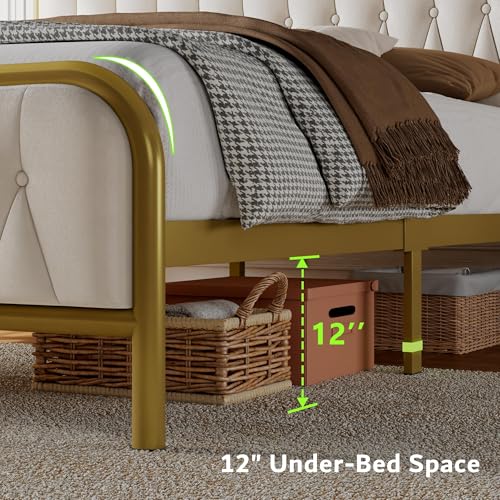 Image of Queen Bed Frame with Type-C & USB Port, Metal Platform Beds, with Upholstered Velvet Headboard & Footboard, 12 inch Underbed Storage Space, Easy Assembly, Noise-Free, Gold&Beige