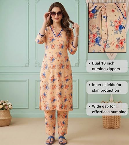 Image of DUMMY SHAPE Maternity Dresses for Women Cotton | Floral Kurta Pant Dupatta Set with Nursing Zippers, Side Pocket | Pre & Post Pregnancy | Feeding Kurti Suit | Baby Shower | Gifts for Pregnant Woman