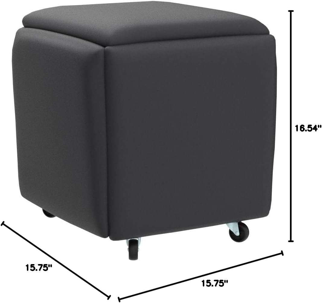 5 in 1 Nesting Ottoman Cube Chair, Stackable Stools, Leather Square Ottoman Bench, Foot Stool with Wheels for Living Room,Dining Room 15.75x15.75x16.54 inches