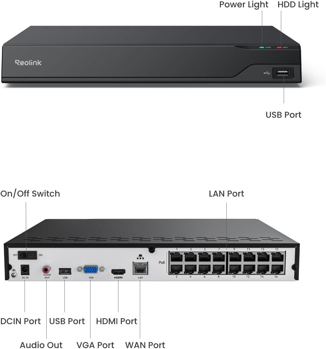 REOLINK Professional PoE NVR, Supporting Up to 16MP & Up to 32TB Local Storage (HDD Not Included), Heat Map, 24/7 Recording, Multi-User Remote Access, H.265, Outdoor & Indoor Surveillance,RP-PN16