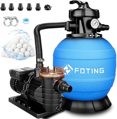 FOTING 2026New Sand Filter Pump 13″ 1HP Swimming Pool Filter System with 24H Timer, 3800 GPH Pump with 7-Way Valve for Above Ground Pool Up to 13000 Gallons