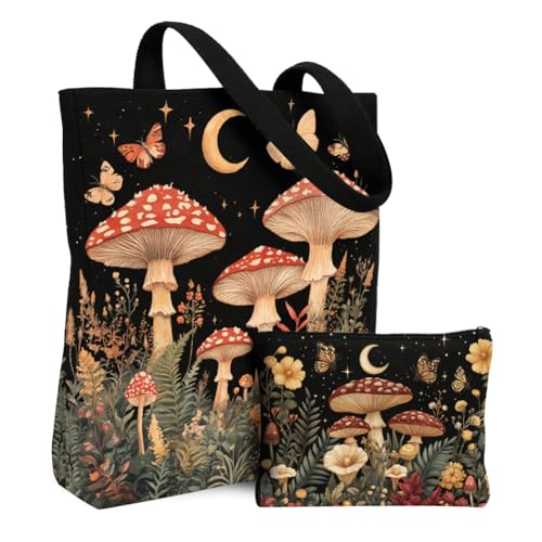 Image of twinklemon 2 Pack Mushroom Canvas Tote Bag and Makeup Pouch, Reusable Cute Shopping Bag for Women, Aesthetic Portable Foldable Canvas Tote Bags Set for Work Vacation Travel Grocery